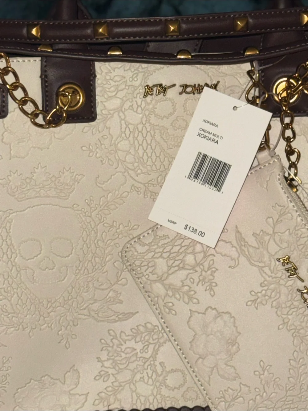 NWT Betsey Johnson Xokiara Skull Embossed Satchel Tote Cream Multi